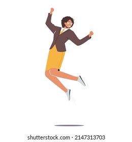 Businesswoman Positive Emotions, Adult Woman in Formal Clothes Jump and Waving Hands. Happy Female Character Positive Emotions Isolated on White Background. Cartoon People Vector Illustration