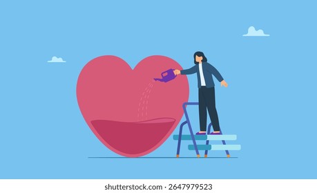 Businesswoman pouring water to fulfill heart shape metaphor of passion. Symbolizes work passion, motivation to success and win business competition, mindset or attitude to work in we love to do.