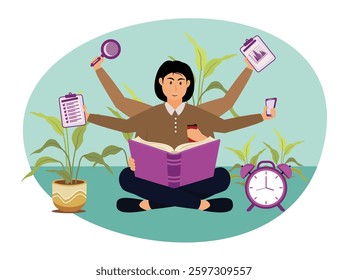 Businesswoman practicing meditation. Girl with many arms sits in the Yoga lotus position and doing many tasks at the same time.  Flat vector modern illustration 