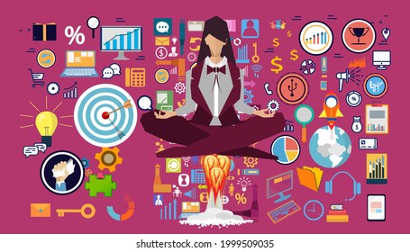 Businesswoman practicing  meditation  with icon set - business startup - for success,plan,think,search,analyze,communicate, innovation technology modern.  