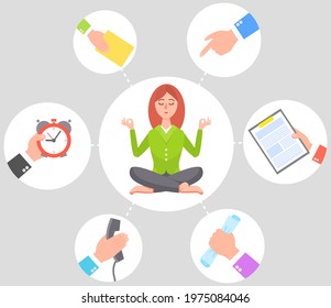 Businesswoman practicing mindfulness meditation, clearing her mind from multitasking and very busy with work. Releasing stressful thoughts and expressing her potential, yoga and self consciousness