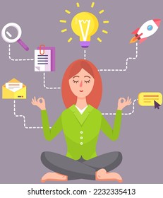 Businesswoman practicing mindfulness meditation, clearing her mind, releasing stressful thoughts and expressing potential, yoga and self consciousness concept. Control over emotions, time management