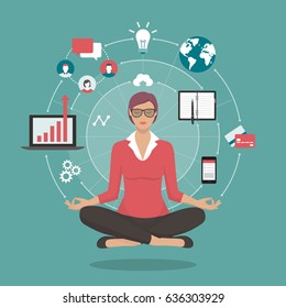 Businesswoman practicing mindfulness meditation, she is clearing her mind, releasing stressful thoughts and expressing her potential; yoga and self consciousness concept