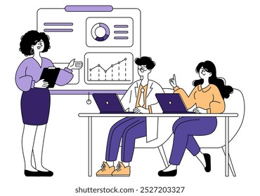 Businesswoman presentation concept. A diverse team attentively listens to a leading female with charts and data on the screen. Office collaboration and leadership. Vector illustration.