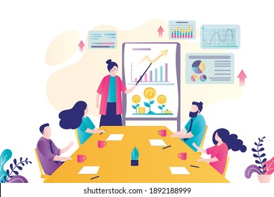 Businesswoman presentation new project on conferenсe. Office workers listen to boss. Colleagues met at business meeting. Concept of teamwork, company and work process. Trendy flat vector illustration