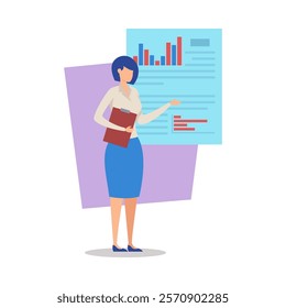 Businesswoman presenting annual financial report vector illustration. Female coach in formal wear with clipboard, diagram on background. Business seminar, training, presentation, results concept