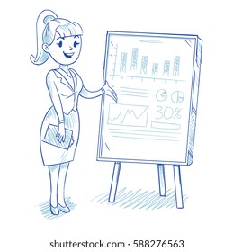 Businesswoman presenting business company development charts. Vector illustration