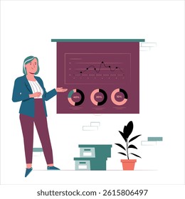 "Businesswoman Presenting Data Analysis and Market Trends with Pie Charts and Graphs in Modern Office Setting"