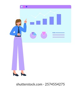 businesswoman presenting data charts and graphs during meeting flat vector illustration