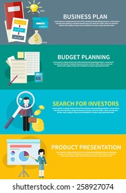 Businesswoman Presenting Development And Financial Planning On Meeting Conference. Product Presentation. Search For Investors Concept. Business Plan Concept Icon In Flat Style. Budget Planning Concept