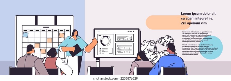 businesswoman presenting financial graph for businesspeople at conference meeting business presentation