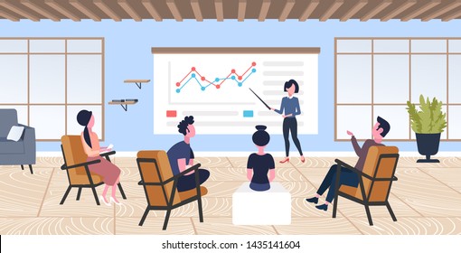 businesswoman presenting financial graphs to colleagues businesspeople group conference meeting presentation concept modern co-working office interior flat horizontal full length