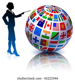 Businesswoman presenting Flags Globe Original Vector Illustration