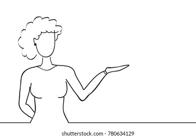 Businesswoman presenting with hand isolated on white background. For web site, product, ad, marketing, presentation materials and advertising. Creative modern concept, vector illustration