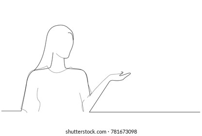 Businesswoman presenting with hand isolated on white background. For web site, product, ad, marketing, presentation materials and advertising. Creative modern concept, vector illustration