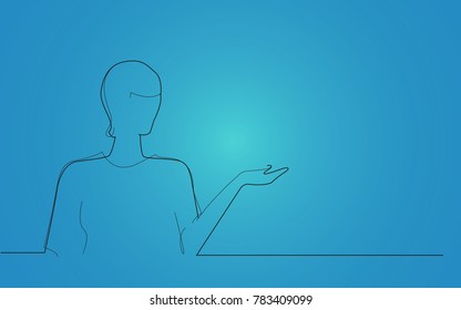 Businesswoman presenting with hand isolated on blue background. For web site, product, ad, marketing, presentation materials and advertising. Creative modern concept, vector illustration