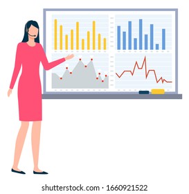 Businesswoman presenting ideas of business development. Isolated female character pointing on whiteboard with information and charts. Personage showing analysis of projects, vector in flat style