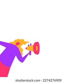 Businesswoman Presenting Important Information with megaphone. Lady Having Sound Device In Hand And Main Information. Critical Announcements Displayed With Drawings Around.