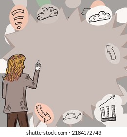 Businesswoman Presenting Important Informations In Box With Text. Woman In Suit Showing Crutial Announcements Surrounded With Different Signs. Executive Displaying New Ideas.