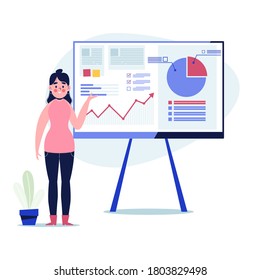 Businesswoman Presenting Marketing Data On A Presentation Screen Board Explaining Charts. Flat Design Vector Illustration