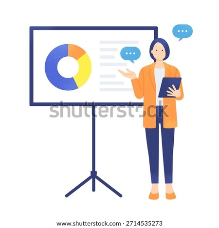 Businesswoman presenting pie chart data on a tablet, explaining business performance, vector illustration