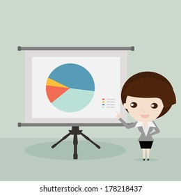 Businesswoman presenting pie chart on screen,Vector cartoon can use for diagram, number options, web design, presentation template, infographics.