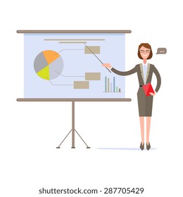 Businesswoman presenting pie chart on screen,Vector cartoon can use for diagram, number options, web design, presentation template, infographics.
