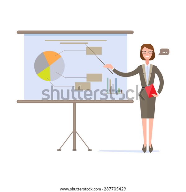 Businesswoman presenting pie chart on\
screen,Vector cartoon can use for diagram, number options, web\
design, presentation template,\
infographics.