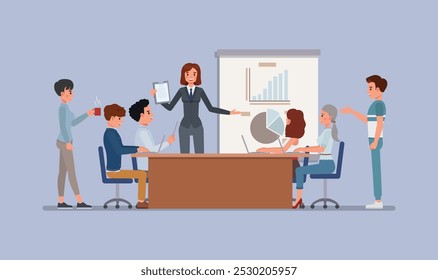 Businesswoman presenting a project on a large screen in a conference room. She stands at the front while a group of clients. Character vector illustration design. Project Presentation concept. 