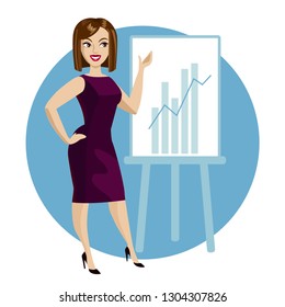 Businesswoman presents the project, business plan, startup. Young beautiful girl standing at the office board and leads the presentation. An attractive brunette with a bob hairstyle smiles. Vector.