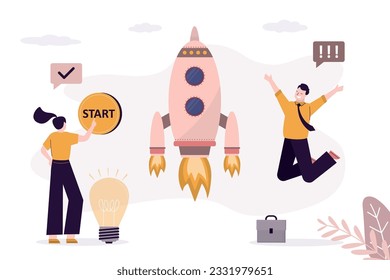 Businesswoman presses start button and launches rocket into sky. Co-founders are starting new project. Innovative idea launches successful startup. Creative entrepreneurs create profitable company.