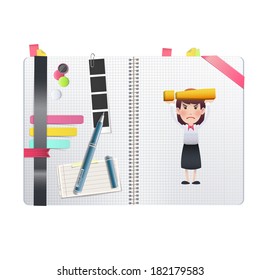 businesswoman printed on notebook over white background