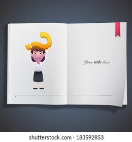 Businesswoman printed on realistic book. Vector design