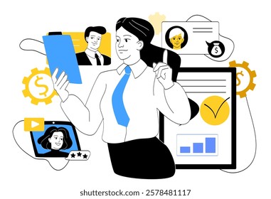 Businesswoman in professional attire holding a clipboard, surrounded by icons of money, profiles, and charts on a white background. Concept of management. Vector illustration