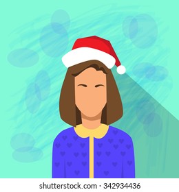 Businesswoman Profile New Year Christmas Holiday Red Santa Hat Avatar Female Portrait Flat Vector Illustration