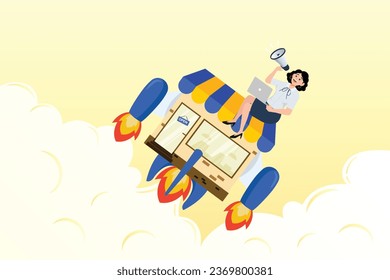 Businesswoman promote her shop with rocket booster flying, marketing or promotion to boost sales, increase customer to visit store front or e-commerce performance, advertising to grow profit (Vector)