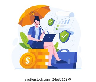 A Businesswoman Protects Her Business and Investments With Insurance Against Potential Loss or Damage. Illustration of Insurance Concept