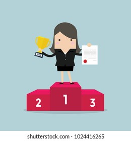Businesswoman proudly standing on the winning podium holding up winning trophy and showing an award certificate. vector