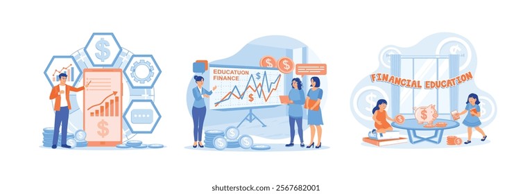 Businesswoman providing financial education to marketing team. Analyze financial statistics Manage finances for the future. Financial education concept. Set flat vector illustration.