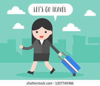 Businesswoman pull travel luggage, let’s go travel concept flat design