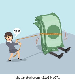 Businesswoman pulling away an unwilling cash money dollar with a rope, Money  under control, illustrator vector cartoon drawing