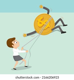 Businesswoman pulling away an unwilling large money dollar coin with a rope, Money  under control, illustrator vector cartoon drawing