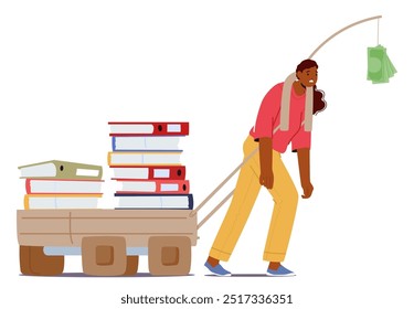 Businesswoman Pulling A Cart Of Files Motivated By Dangling Money. Represents Manipulation, Overwork, Motivation, And The Pursuit Of Financial Success In The Workplace. Cartoon Vector Illustration