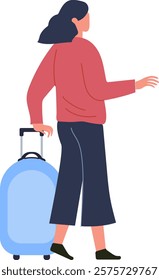 Businesswoman pulling a trolley suitcase through the airport, preparing for an upcoming business trip or vacation, embodying the spirit of travel and tourism