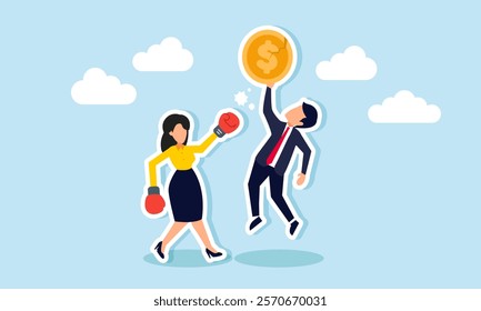 A businesswoman punches a businessman holding a cracked dollar coin with boxing gloves, illustration of rejecting an offer for corruption