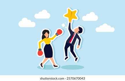 A businesswoman punches a businessman holding a cracked star with boxing gloves, illustration of refusing to compromise on business product quality