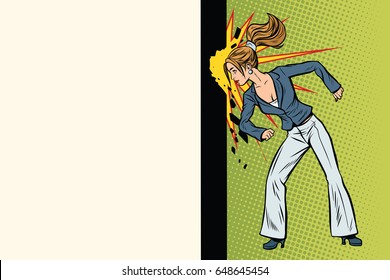 Businesswoman punches the wall with her head. Pop art retro vector illustration
