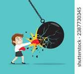 Businesswoman punching and breaking a huge wrecking ball in small pieces, Failure in business concept, illustration vector cartoon. 