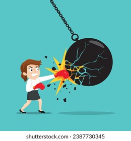 Businesswoman punching and breaking a huge wrecking ball in small pieces, Failure in business concept, illustration vector cartoon. 
