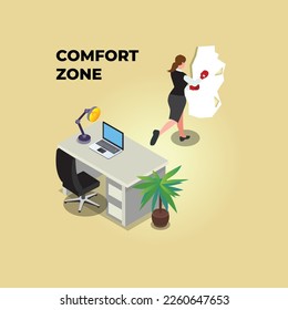 Businesswoman punching wall to get out from her comfort zone 3d isometric vector illustration concept for banner, website, landing page, ads, flyer template